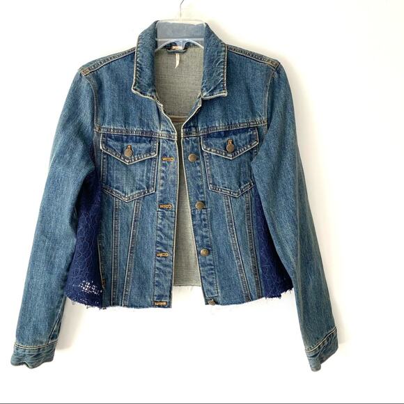 Free People Blue Lace Panel Denim Jean Jacket size small - Picture 2 of 10